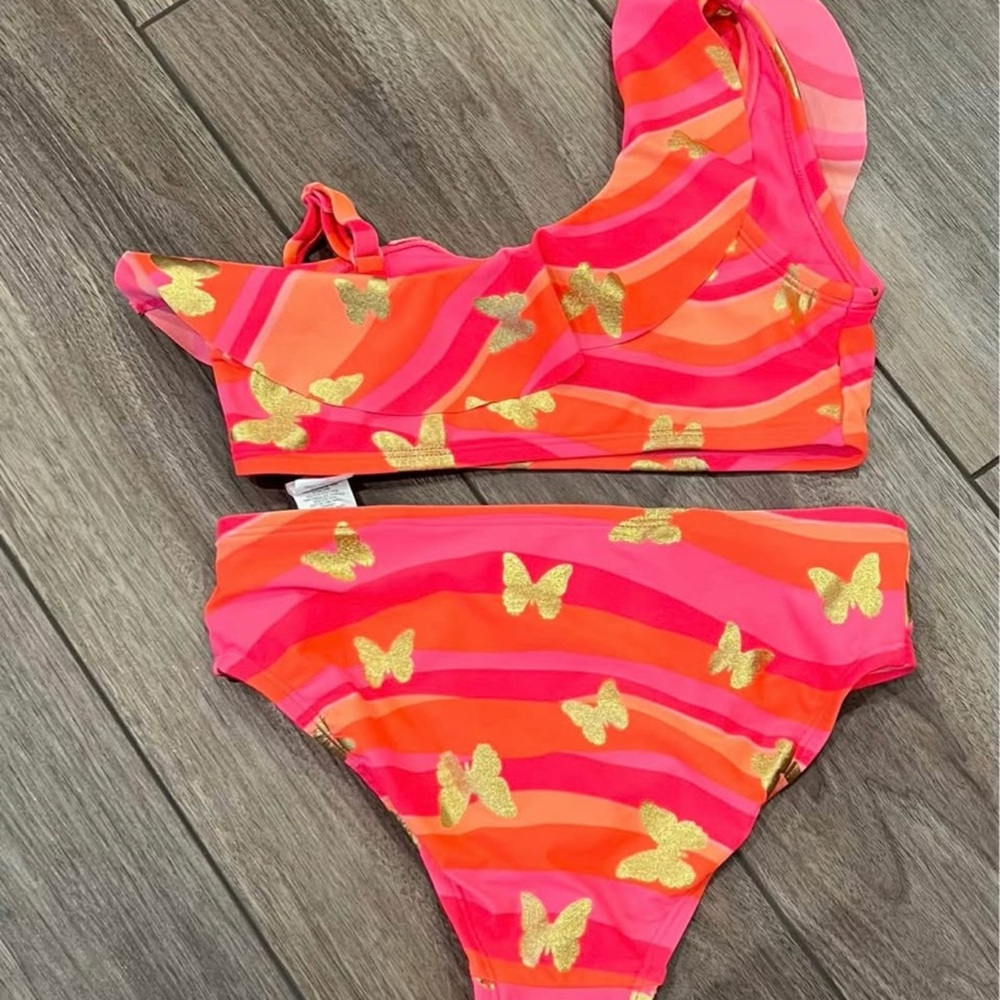 Pink and Orange Bikini with Butterfly Print and Flounce Top